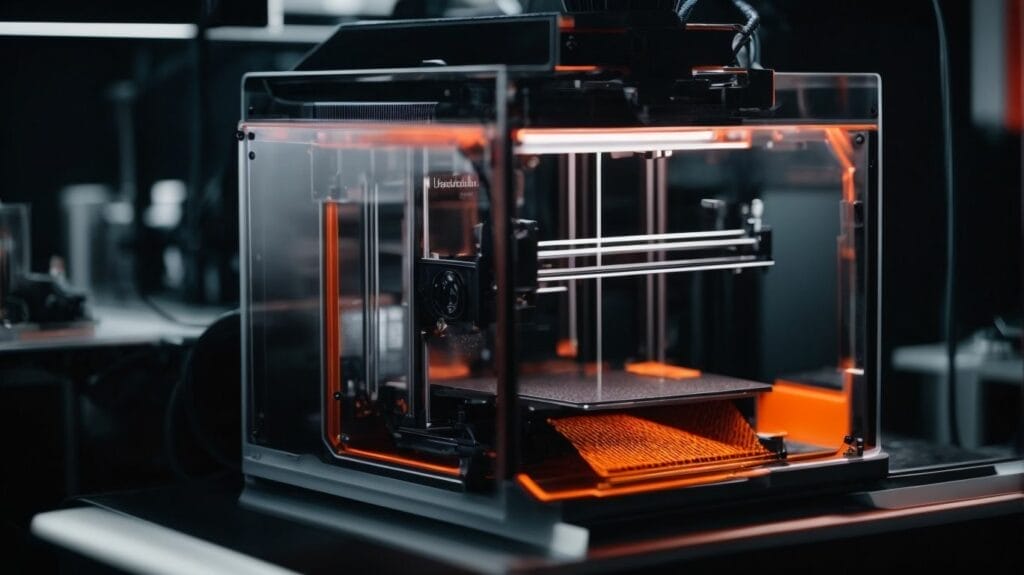 Operating in a dimly lit space, a 3D printer poses challenges for users navigating its intricate functionalities.