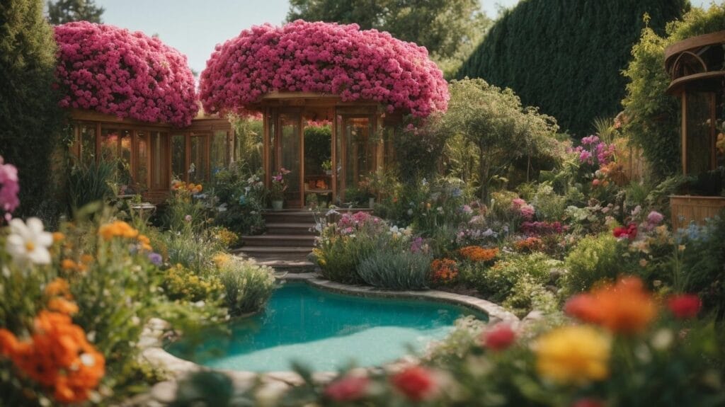 A beautiful garden with colorful flowers, a pool, and 3D printers for creating stunning designs.