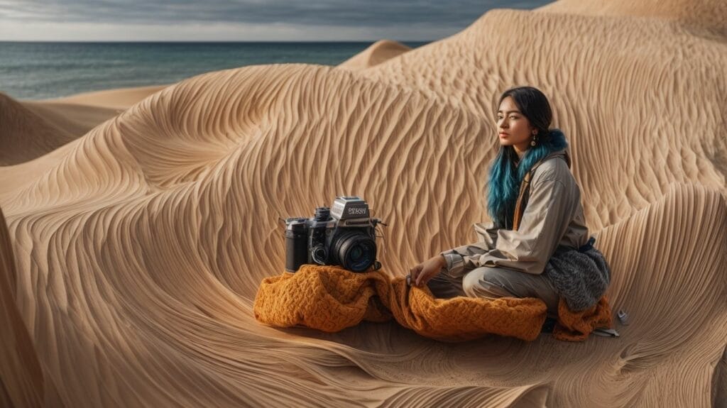 A woman with a camera sitting on a sand dune, capturing the picturesque scenery.