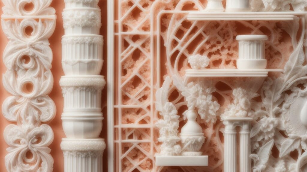 Silicone 3D printed pillars on a pink background.