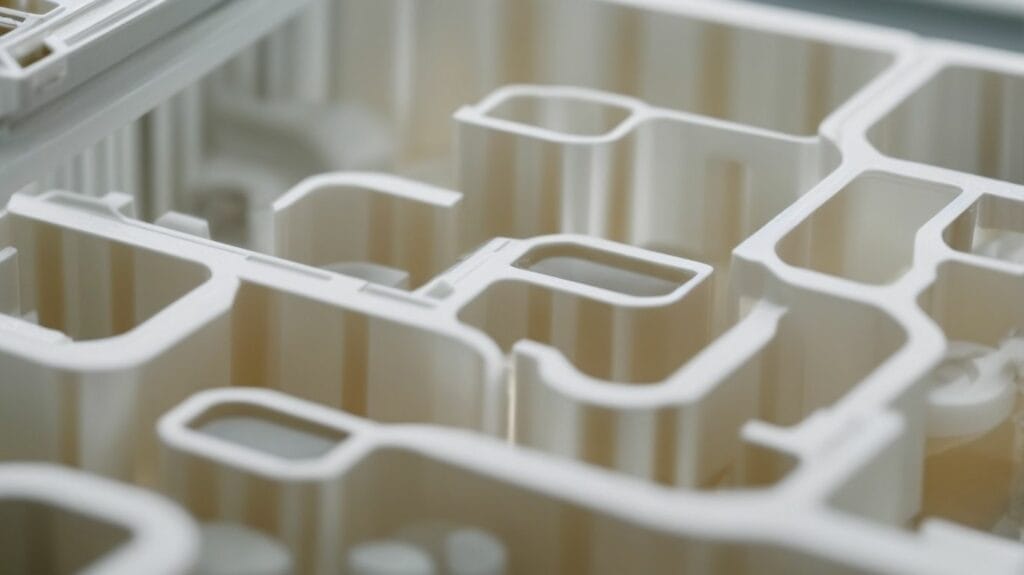 A close up of a 3D printed model of a building, showcasing intricate work done by 3D printers.