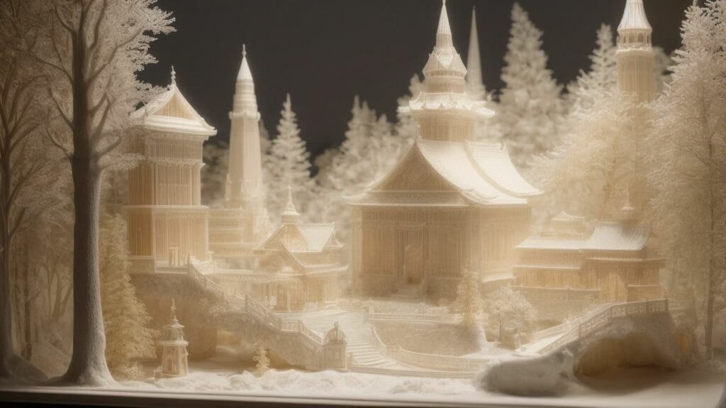 A 3D printed lithophane of a castle in the snow.