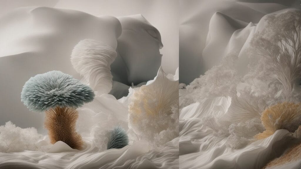 A series of images showcasing the breathtaking beauty of fungi and plants in a snowy environment.