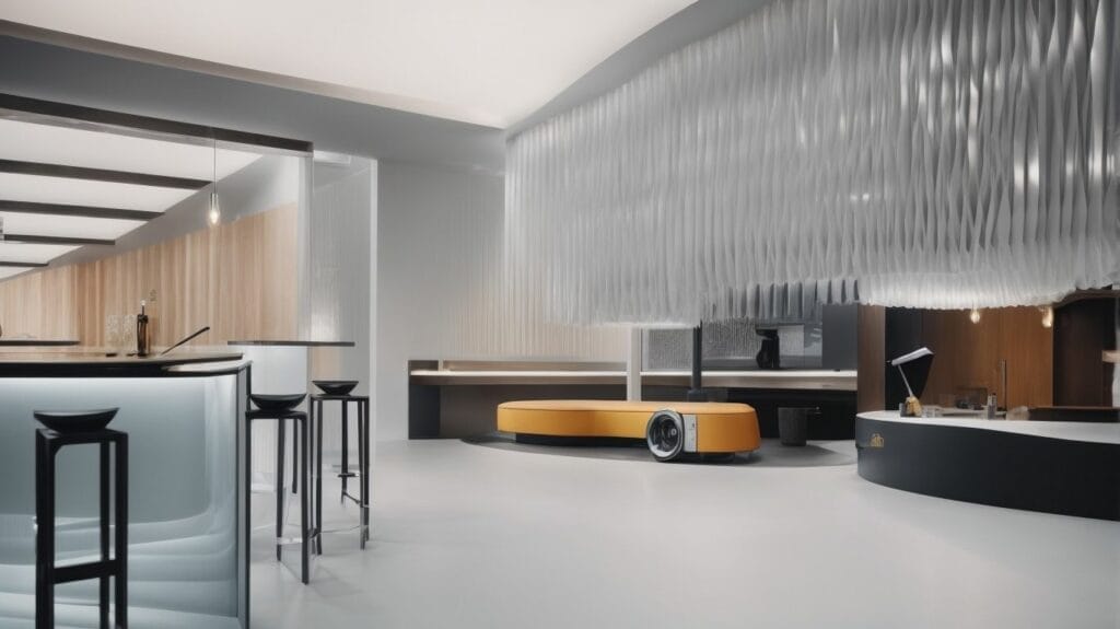 Learn how to create 3D printer designs for a modern hotel interior with a bar and stools.