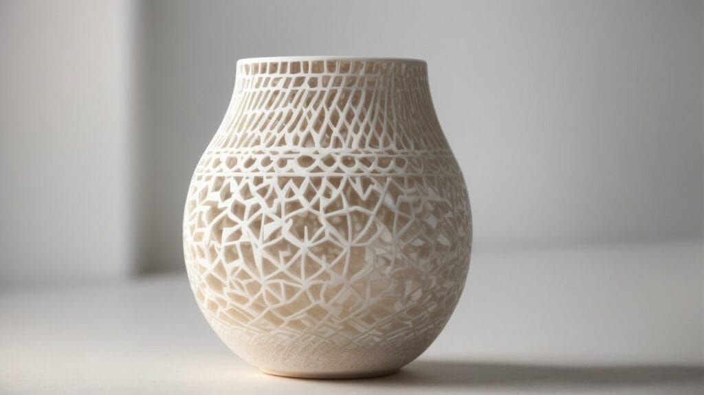 A white vase with a unique pattern 3D printed design.