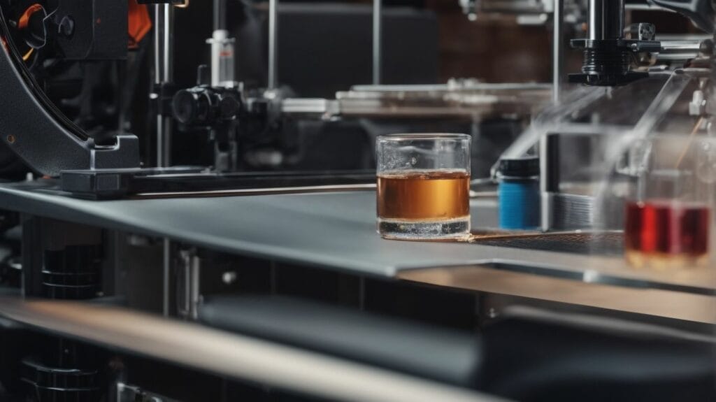An expensive machine is 3D printing a drink in a factory.