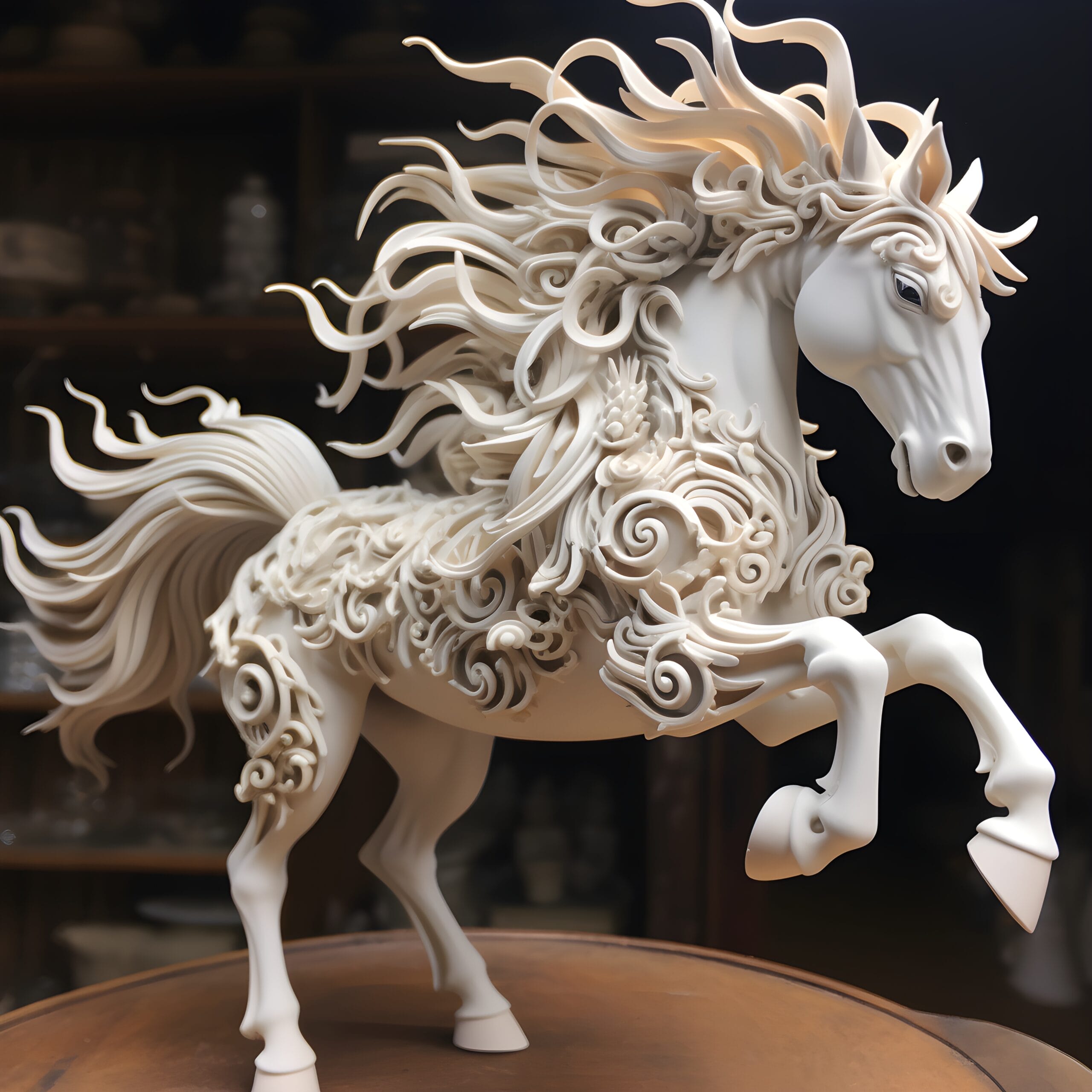 A white statue of a horse on a home table.